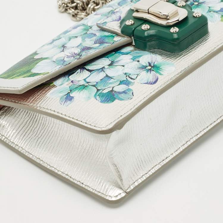 Pre Owned Dolce & Gabbana Silver Floral Print Leather Lucia Wallet on Chain