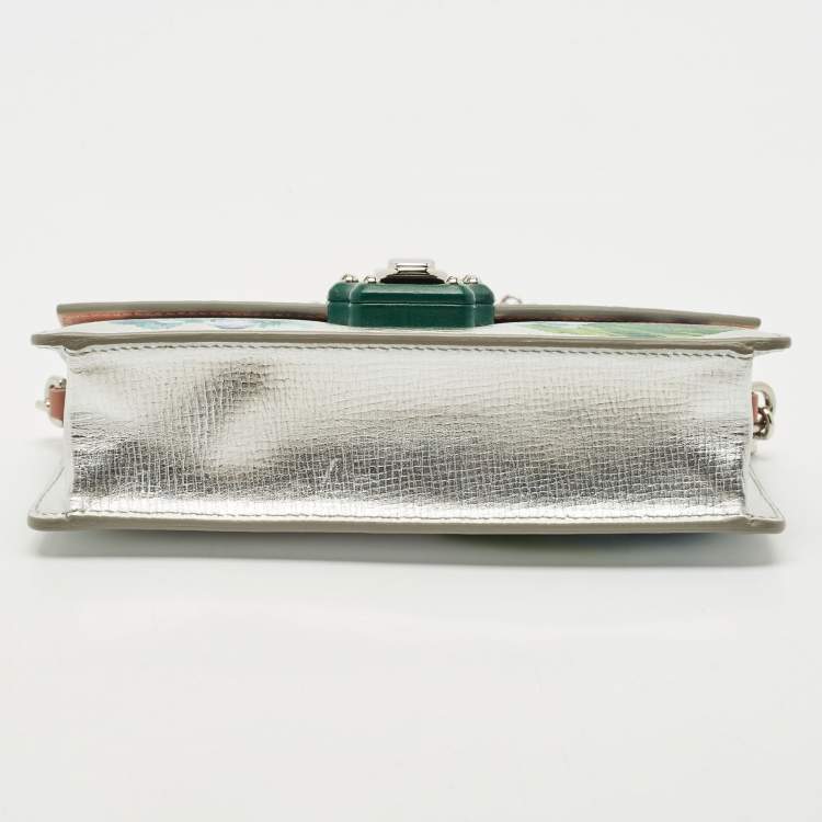 Pre Owned Dolce & Gabbana Silver Floral Print Leather Lucia Wallet on Chain