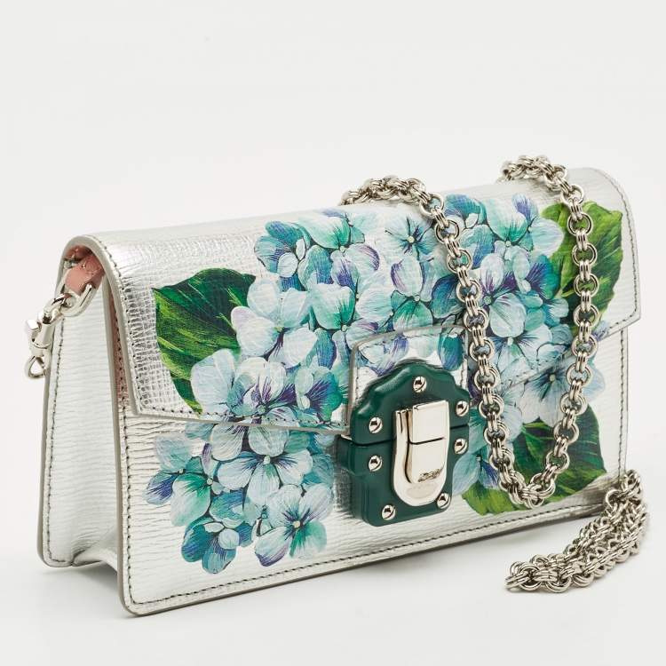 Pre Owned Dolce & Gabbana Silver Floral Print Leather Lucia Wallet on Chain