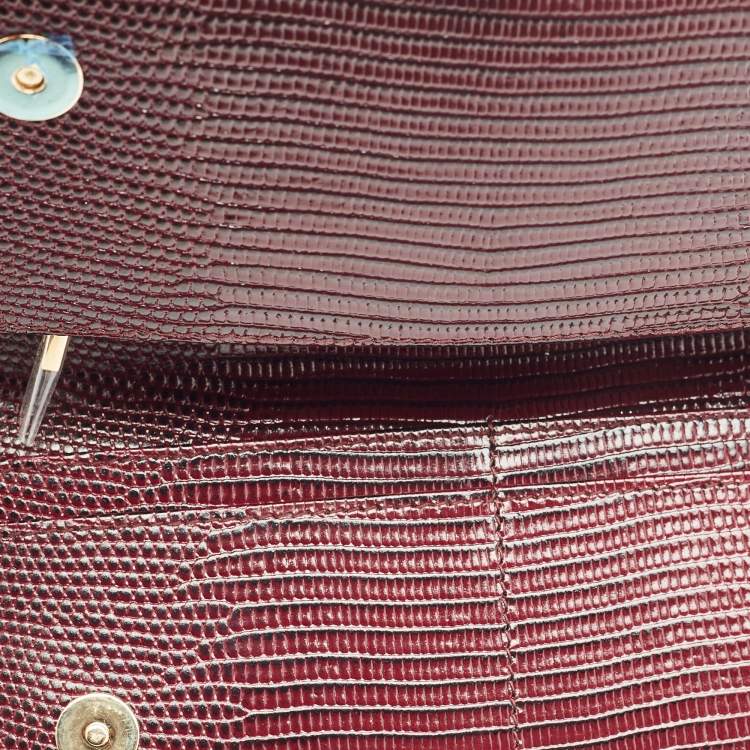 Pre Owned Dolce & Gabbana Dark Burgundy Lizard Embossed Leather Sicily Wallet on Chain
