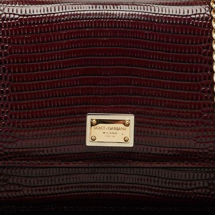 Pre Owned Dolce & Gabbana Dark Burgundy Lizard Embossed Leather Sicily Wallet on Chain