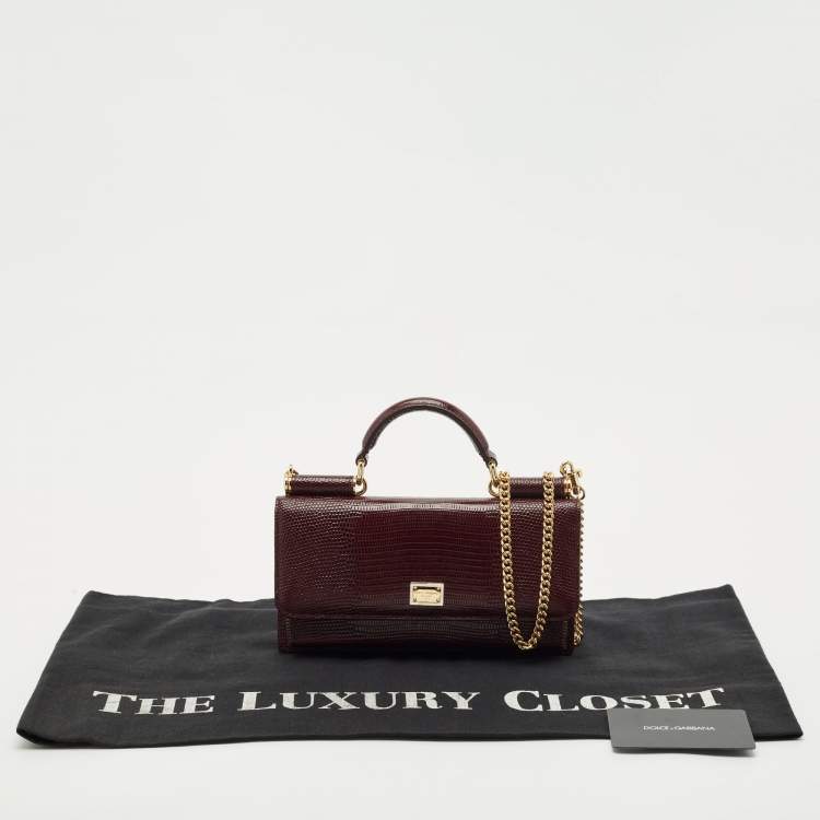 Pre Owned Dolce & Gabbana Dark Burgundy Lizard Embossed Leather Sicily Wallet on Chain