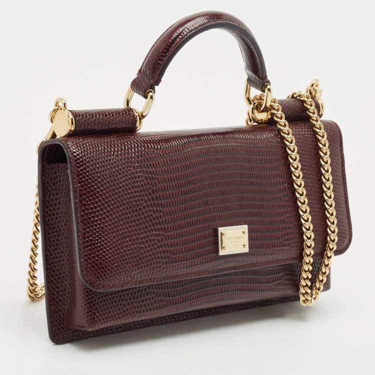Pre Owned Dolce & Gabbana Dark Burgundy Lizard Embossed Leather Sicily Wallet on Chain