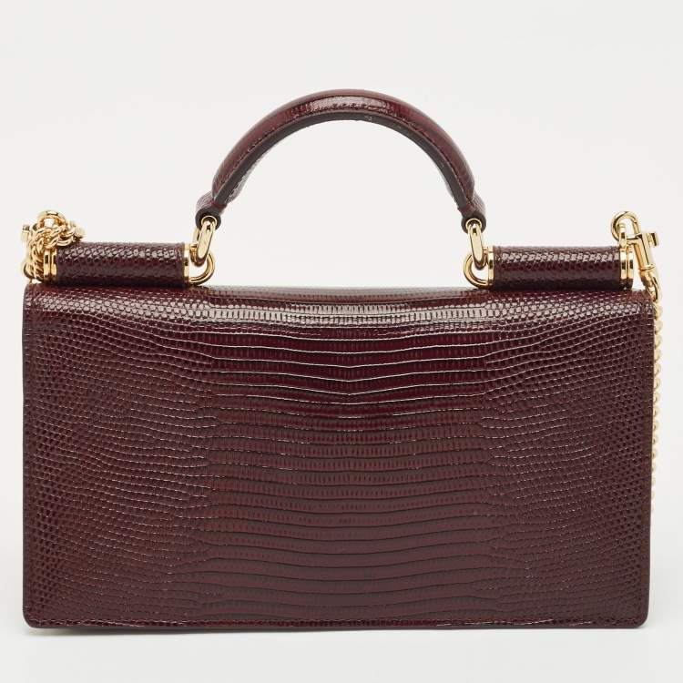 Pre Owned Dolce & Gabbana Dark Burgundy Lizard Embossed Leather Sicily Wallet on Chain