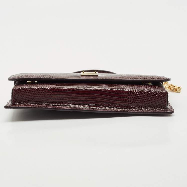 Pre Owned Dolce & Gabbana Dark Burgundy Lizard Embossed Leather Sicily Wallet on Chain