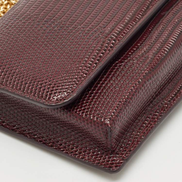 Pre Owned Dolce & Gabbana Dark Burgundy Lizard Embossed Leather Sicily Wallet on Chain