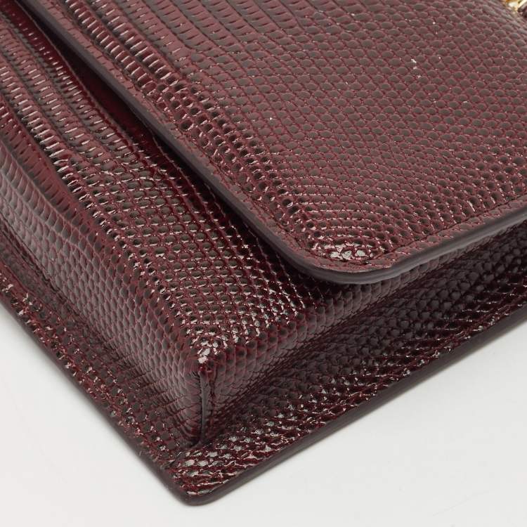 Pre Owned Dolce & Gabbana Dark Burgundy Lizard Embossed Leather Sicily Wallet on Chain