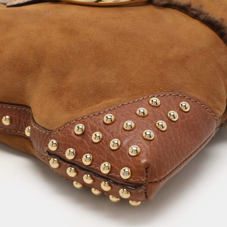 Pre Owned Dolce & Gabbana Brown Nubuck Leather and Snakeskin Studded Shoulder Bag