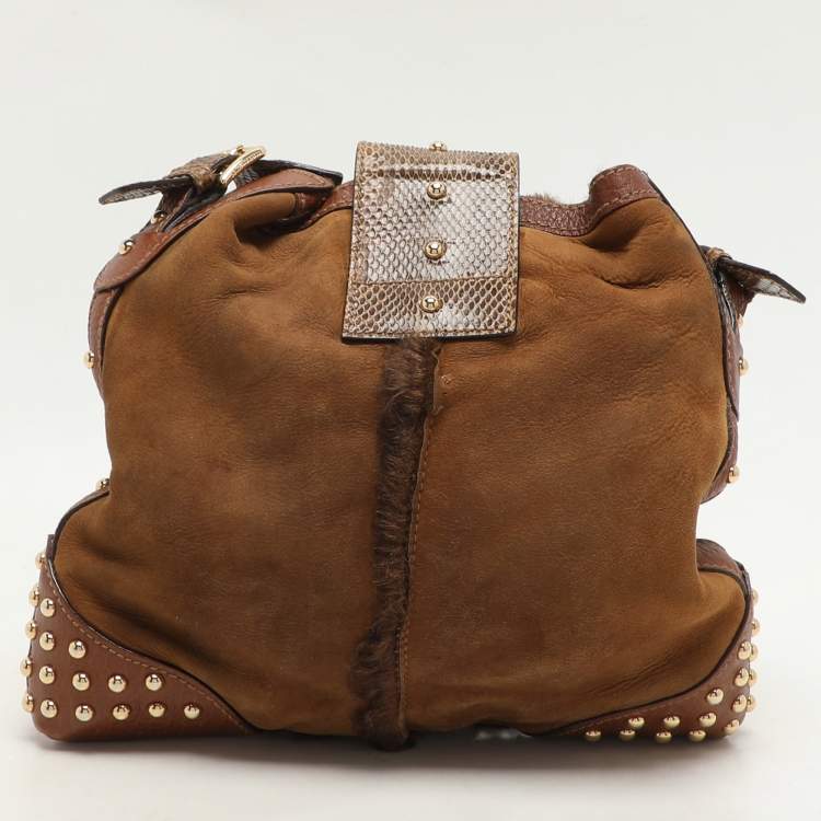 Pre Owned Dolce & Gabbana Brown Nubuck Leather and Snakeskin Studded Shoulder Bag