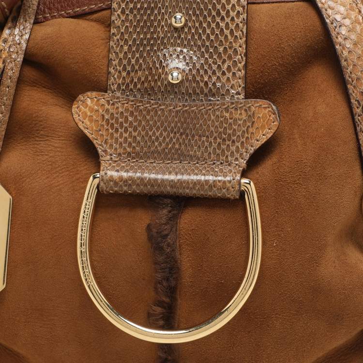 Pre Owned Dolce & Gabbana Brown Nubuck Leather and Snakeskin Studded Shoulder Bag