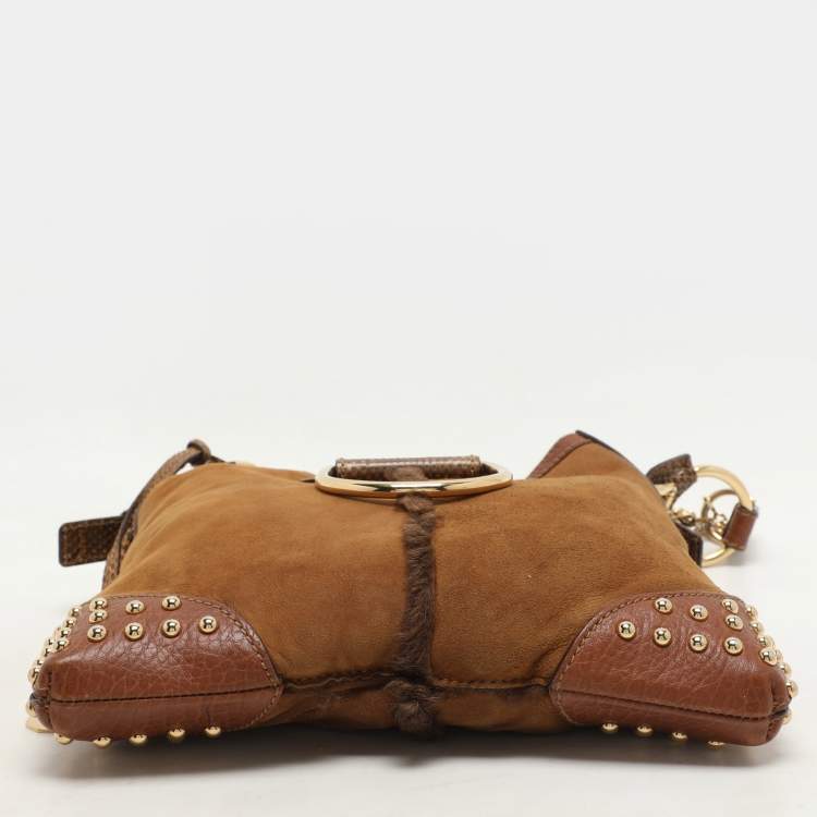 Pre Owned Dolce & Gabbana Brown Nubuck Leather and Snakeskin Studded Shoulder Bag