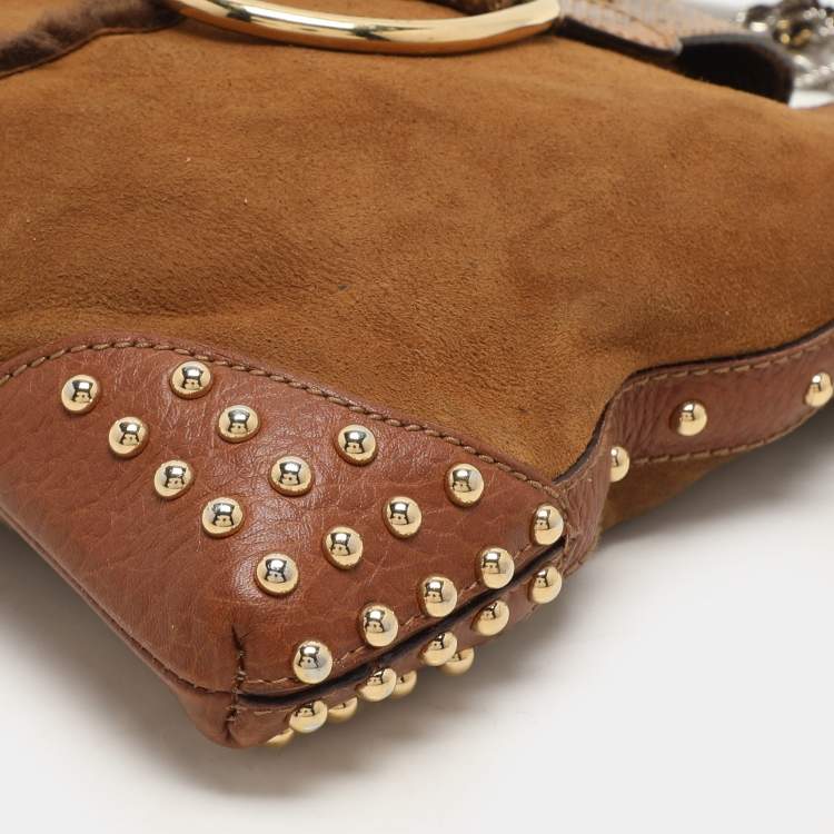 Pre Owned Dolce & Gabbana Brown Nubuck Leather and Snakeskin Studded Shoulder Bag