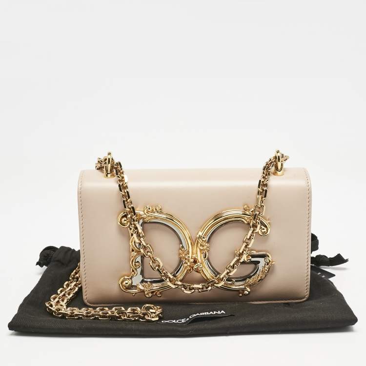 Pre Owned Dolce & Gabbana Beige Leather DG Girls Phone Bag