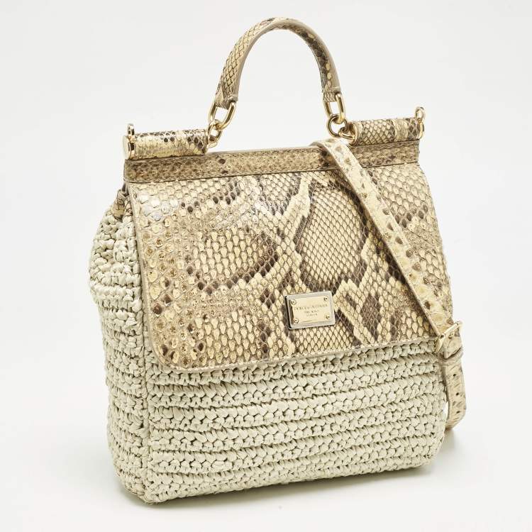 Pre Owned Dolce & Gabbana Beige/Off White Raffia and Python Miss Sicily Top Handle Bag