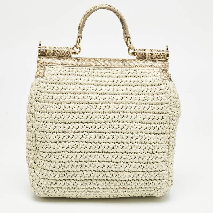 Pre Owned Dolce & Gabbana Beige/Off White Raffia and Python Miss Sicily Top Handle Bag