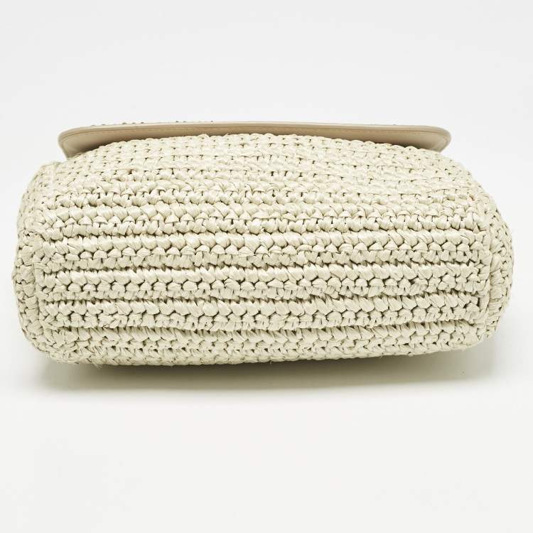 Pre Owned Dolce & Gabbana Beige/Off White Raffia and Python Miss Sicily Top Handle Bag
