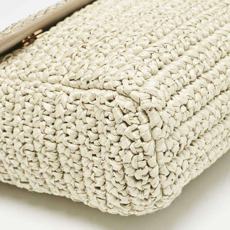 Pre Owned Dolce & Gabbana Beige/Off White Raffia and Python Miss Sicily Top Handle Bag