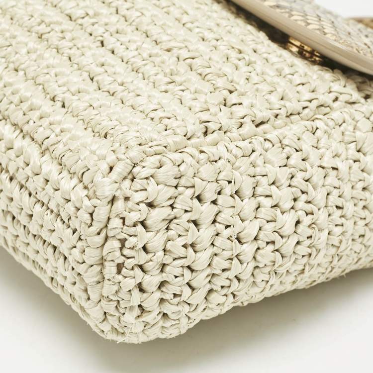 Pre Owned Dolce & Gabbana Beige/Off White Raffia and Python Miss Sicily Top Handle Bag