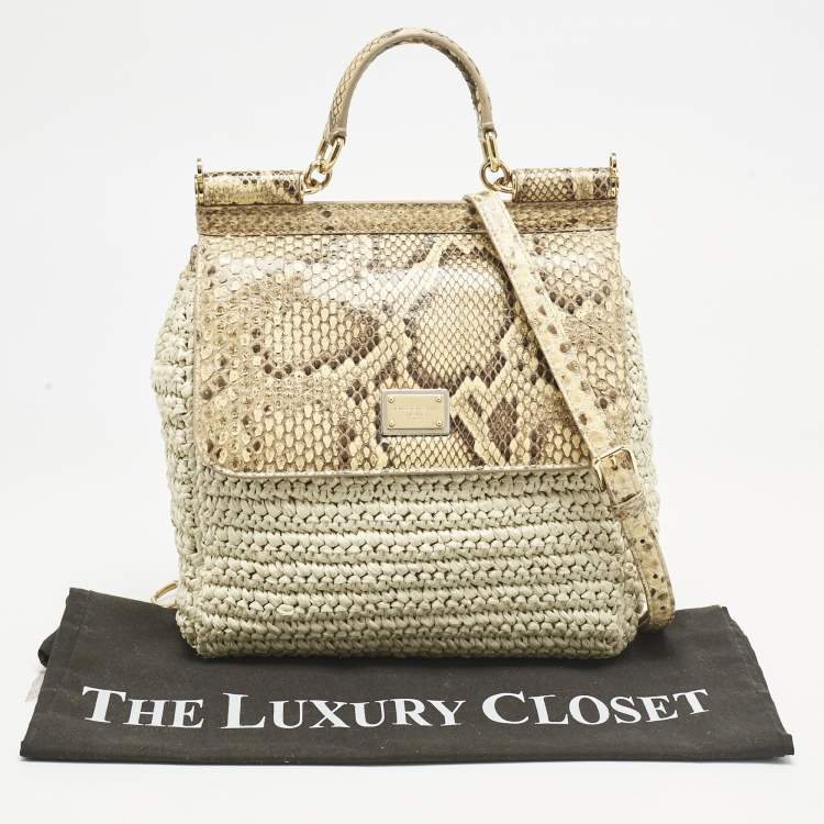 Pre Owned Dolce & Gabbana Beige/Off White Raffia and Python Miss Sicily Top Handle Bag