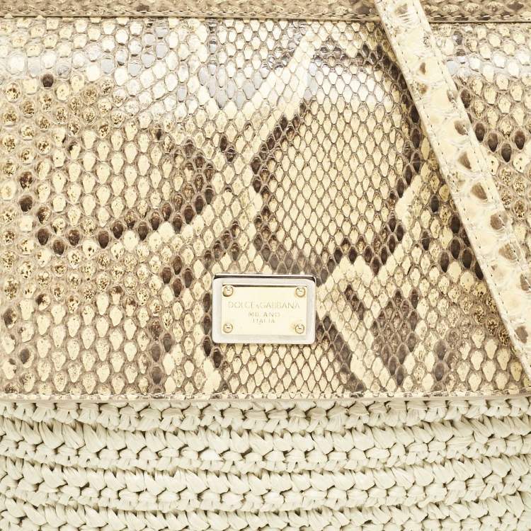 Pre Owned Dolce & Gabbana Beige/Off White Raffia and Python Miss Sicily Top Handle Bag