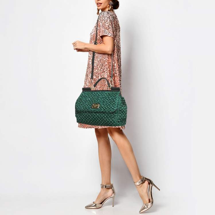 Pre Owned Dolce & Gabbana Green/Black Crochet Lurex Fabric Large Miss Sicily Top Handle Bag