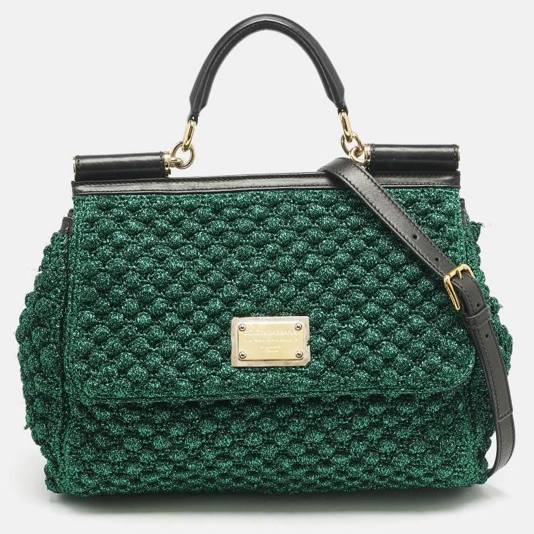 Pre Owned Dolce & Gabbana Green/Black Crochet Lurex Fabric Large Miss Sicily Top Handle Bag