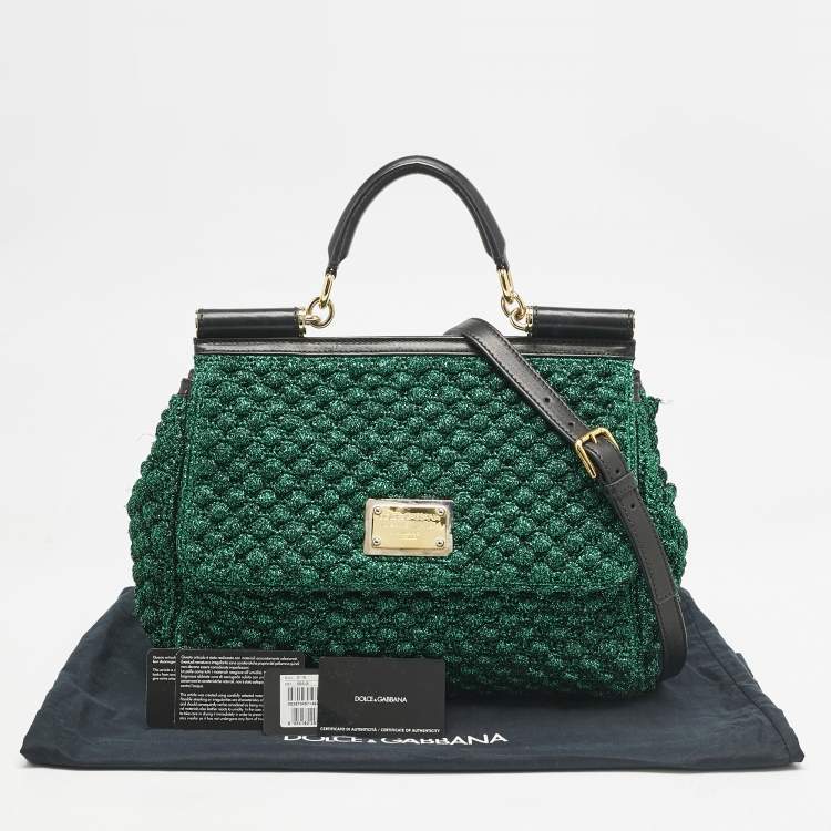 Pre Owned Dolce & Gabbana Green/Black Crochet Lurex Fabric Large Miss Sicily Top Handle Bag