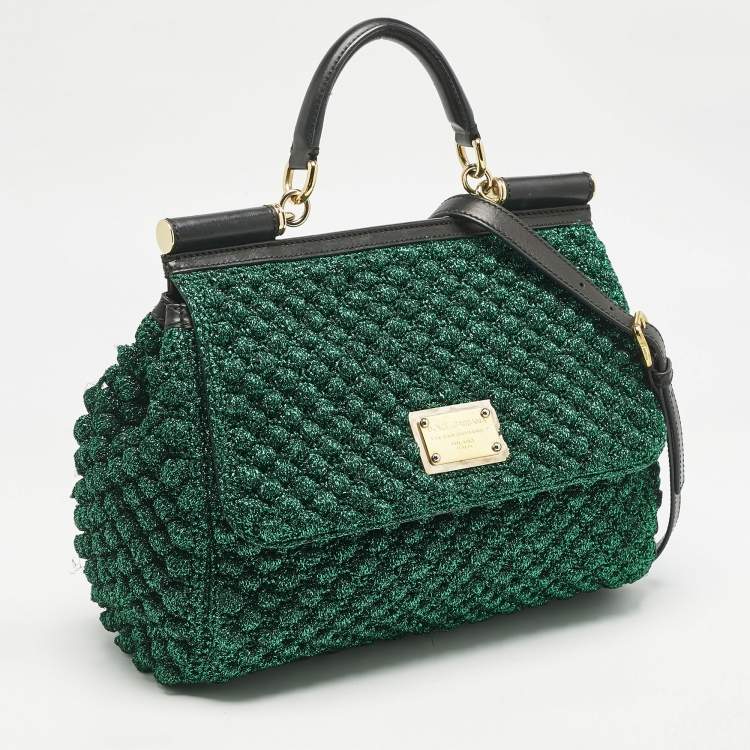 Pre Owned Dolce & Gabbana Green/Black Crochet Lurex Fabric Large Miss Sicily Top Handle Bag