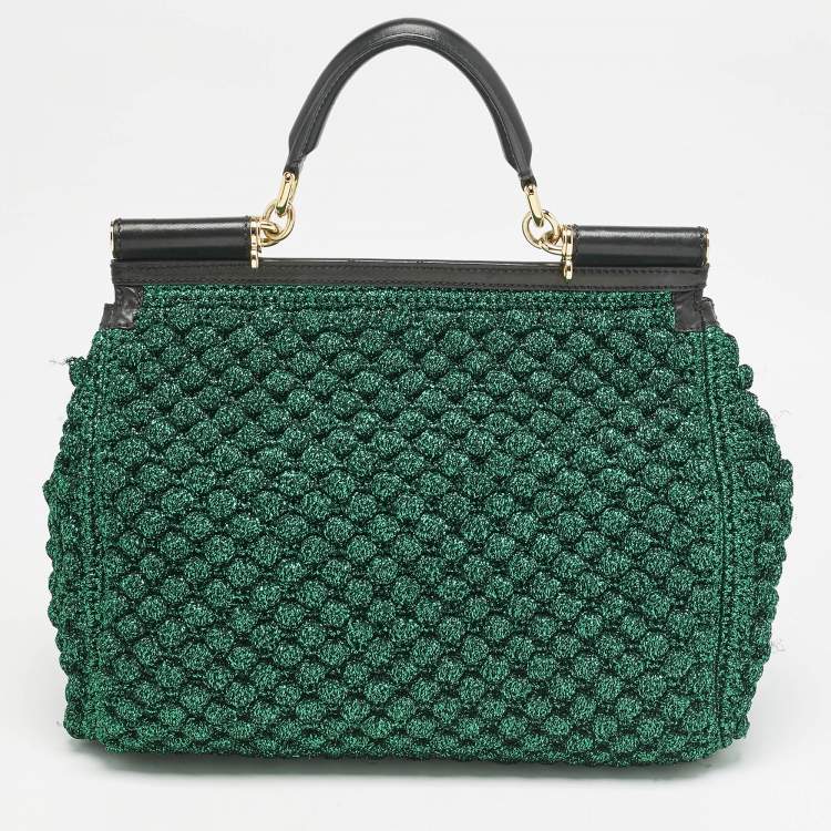 Pre Owned Dolce & Gabbana Green/Black Crochet Lurex Fabric Large Miss Sicily Top Handle Bag