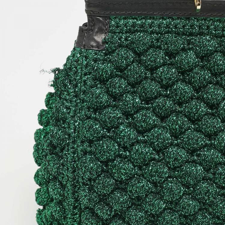 Pre Owned Dolce & Gabbana Green/Black Crochet Lurex Fabric Large Miss Sicily Top Handle Bag