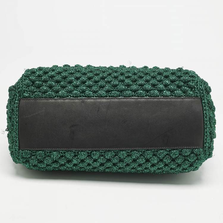 Pre Owned Dolce & Gabbana Green/Black Crochet Lurex Fabric Large Miss Sicily Top Handle Bag