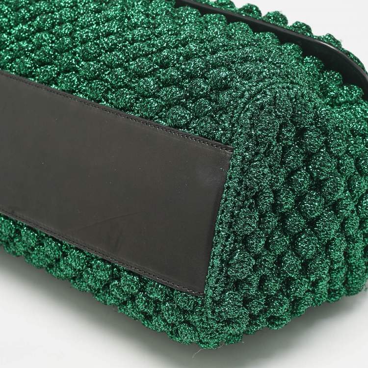 Pre Owned Dolce & Gabbana Green/Black Crochet Lurex Fabric Large Miss Sicily Top Handle Bag