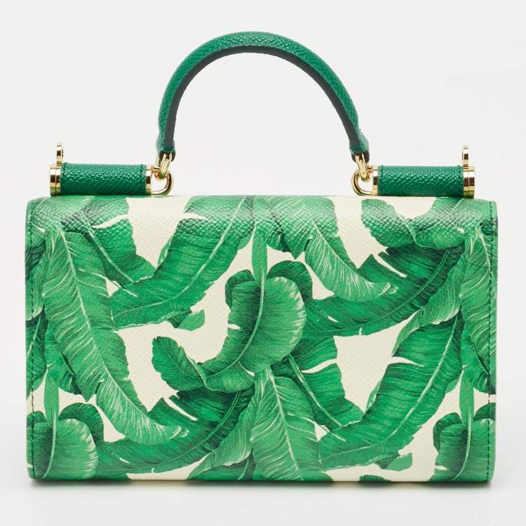 Pre Owned Dolce & Gabbana Green Leaf Print Leather Miss Sicily Von Wallet On Chain