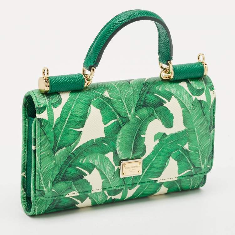 Pre Owned Dolce & Gabbana Green Leaf Print Leather Miss Sicily Von Wallet On Chain