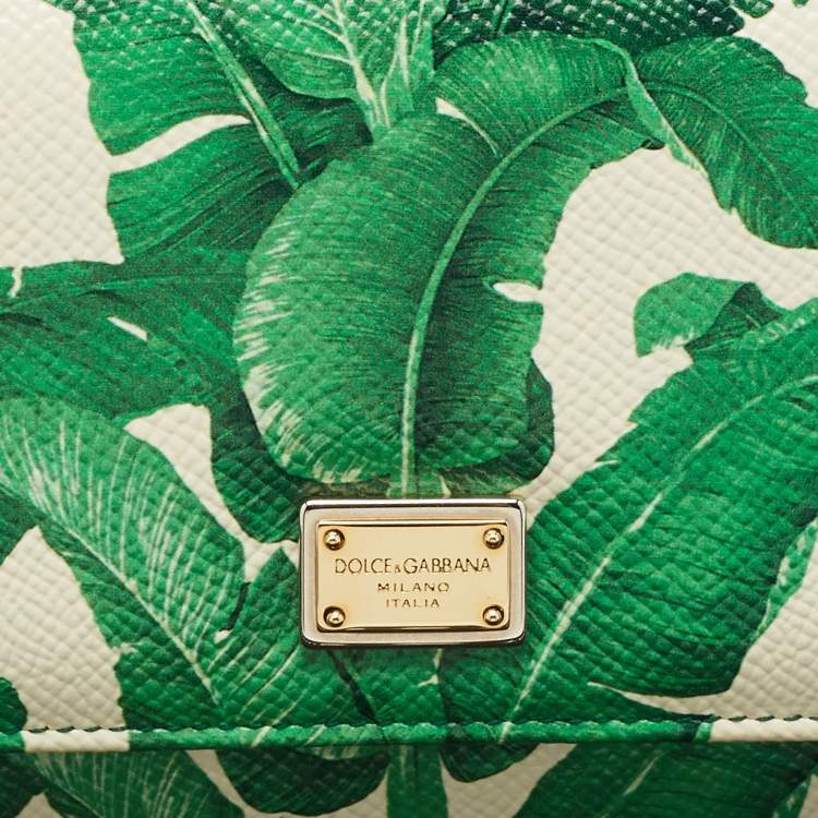 Pre Owned Dolce & Gabbana Green Leaf Print Leather Miss Sicily Von Wallet On Chain