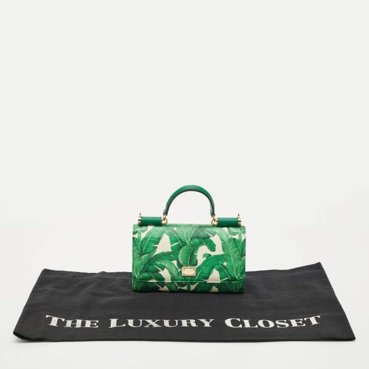 Pre Owned Dolce & Gabbana Green Leaf Print Leather Miss Sicily Von Wallet On Chain