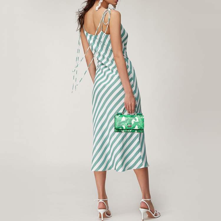 Pre Owned Dolce & Gabbana Green Leaf Print Leather Miss Sicily Von Wallet On Chain