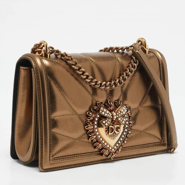 Pre Owned Dolce & Gabbana Gold Quilted Leather Medium Devotion Shoulder Bag