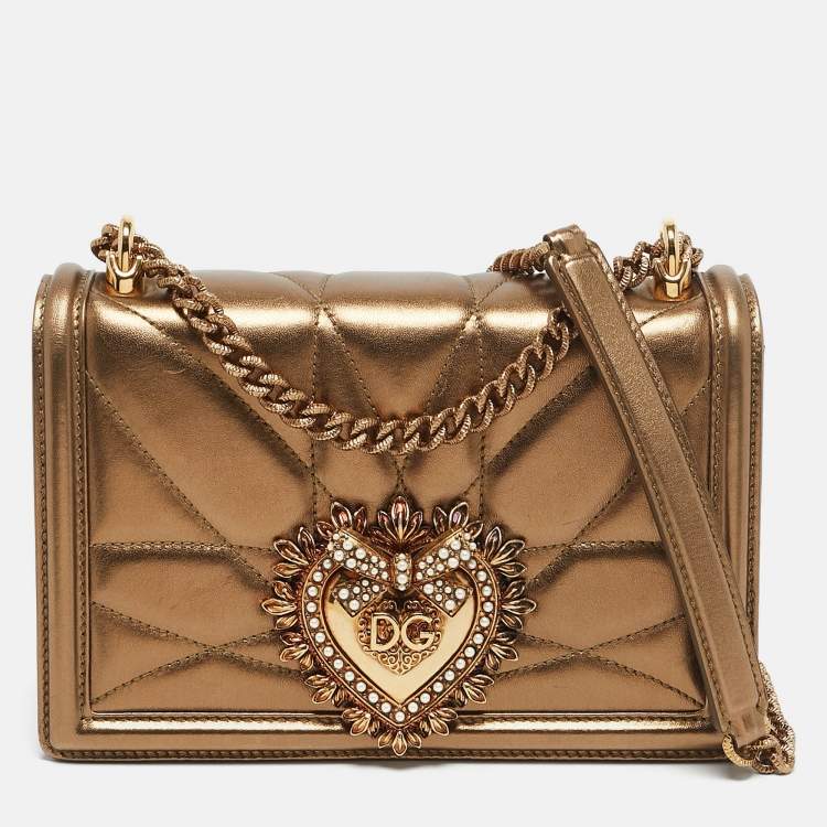 Pre Owned Dolce & Gabbana Gold Quilted Leather Medium Devotion Shoulder Bag