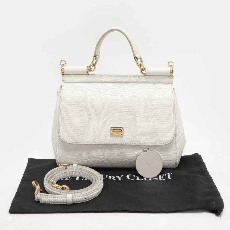 Pre Owned Dolce & Gabbana White Lizard Embossed Leather Medium Miss Sicily Top Handle Bag