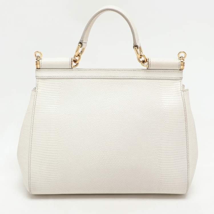Pre Owned Dolce & Gabbana White Lizard Embossed Leather Medium Miss Sicily Top Handle Bag