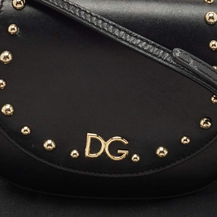 Pre Owned Dolce & Gabbana Bambino Black Leather Logo Studded Flap Crossbody Bag