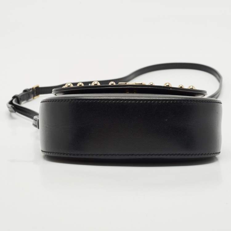 Pre Owned Dolce & Gabbana Bambino Black Leather Logo Studded Flap Crossbody Bag