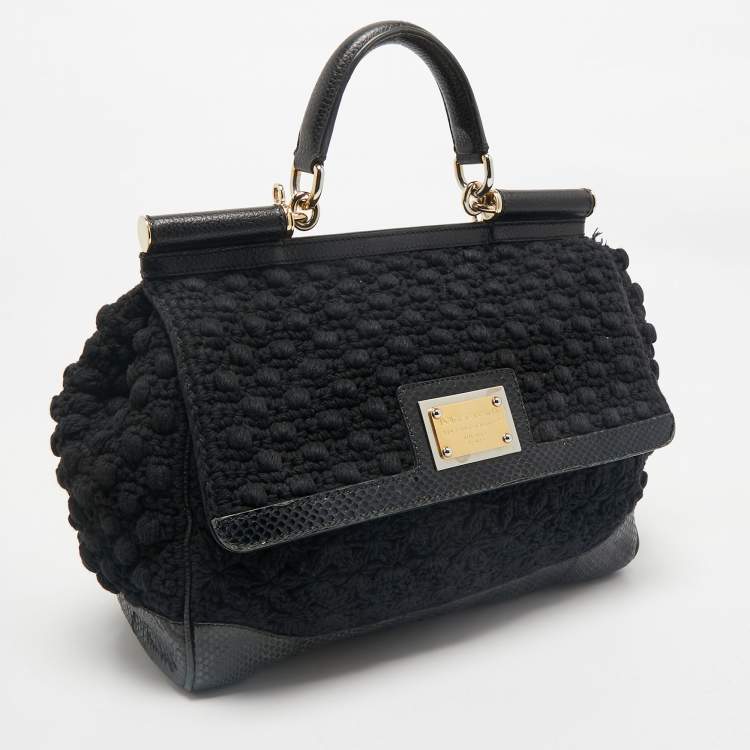 Pre Owned Dolce & Gabbana Black Crochet and Snakeskin Large Miss Sicily Top Handle Bag