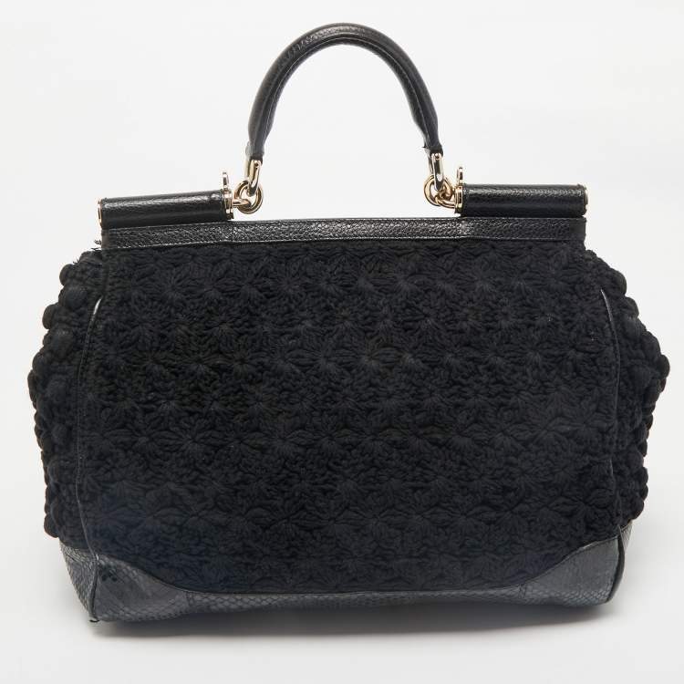 Pre Owned Dolce & Gabbana Black Crochet and Snakeskin Large Miss Sicily Top Handle Bag
