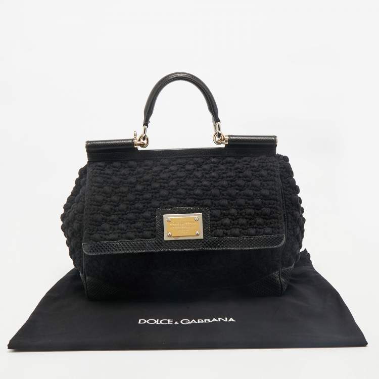 Pre Owned Dolce & Gabbana Black Crochet and Snakeskin Large Miss Sicily Top Handle Bag