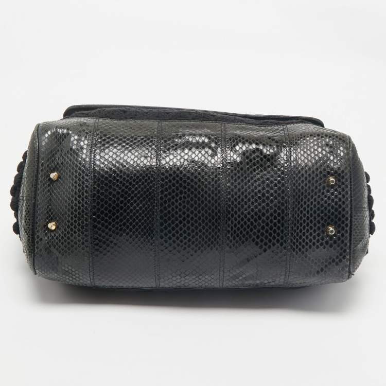 Pre Owned Dolce & Gabbana Black Crochet and Snakeskin Large Miss Sicily Top Handle Bag
