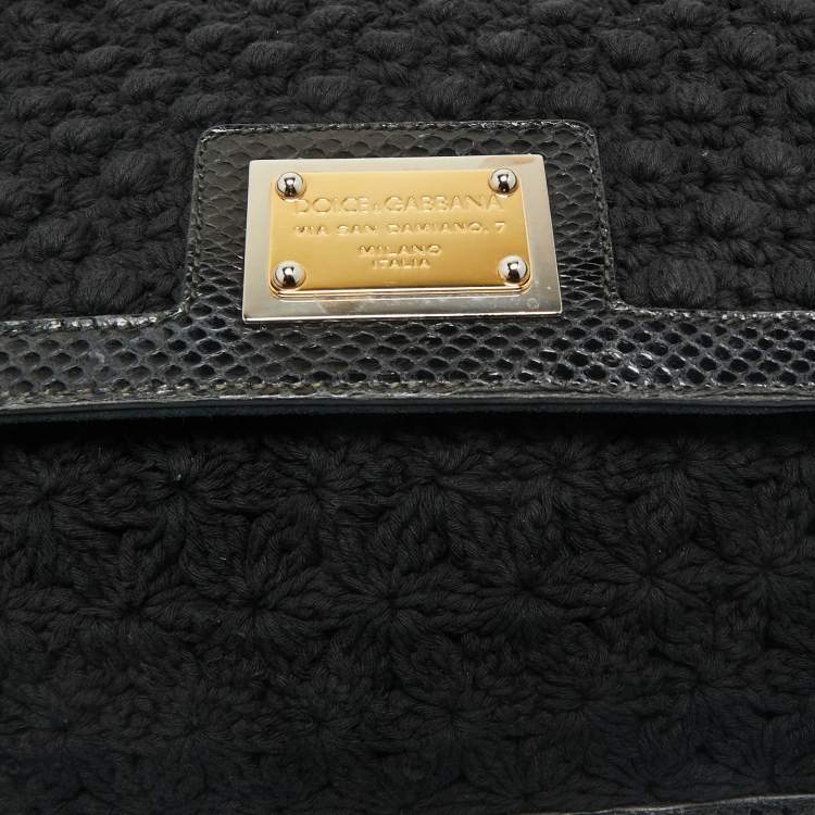 Pre Owned Dolce & Gabbana Black Crochet and Snakeskin Large Miss Sicily Top Handle Bag