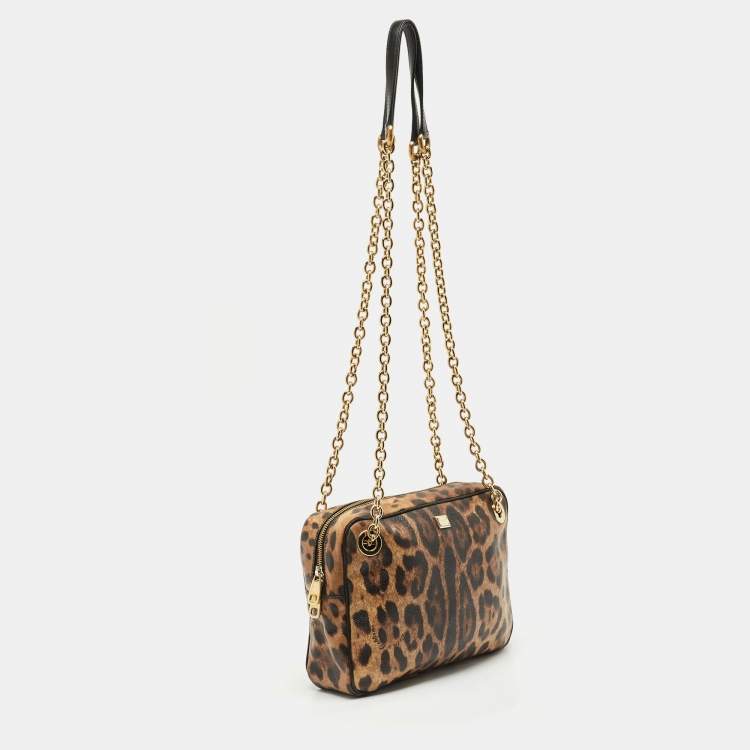 Pre Owned Dolce & Gabbana Brown Leopard Print Coated Canvas Chain Shoulder Bag