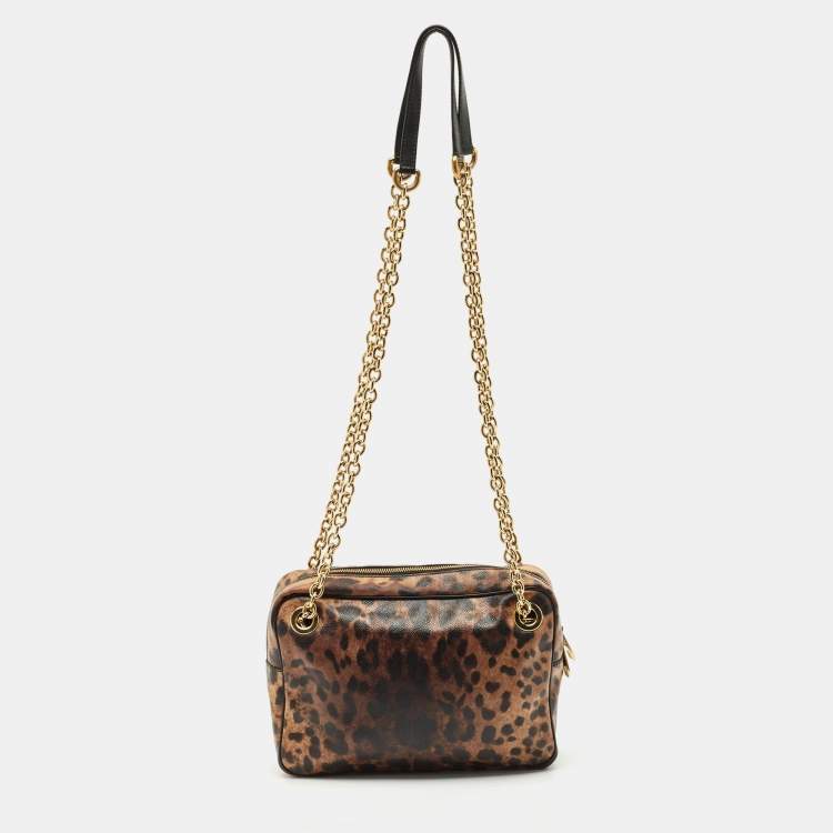 Pre Owned Dolce & Gabbana Brown Leopard Print Coated Canvas Chain Shoulder Bag
